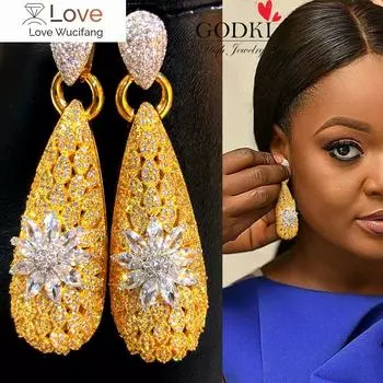 Роскошные серьги-цветы в форме капли воды, полностью из Мирко Павед, кубический циркон, свадебные серьги Naija в Дубае, модные ювелирные изделия высокого класса 64*19MM