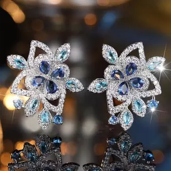 Роскошные серьги-гвоздики с голубым кристаллом и камнем-цветком из циркония для женщин, серебряные свадебные модные украшения серебряный/синий