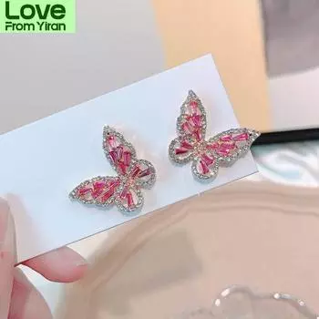 Роскошные серьги-гвоздики с розовыми бабочками и кристаллами для женщин, новые нежные серьги для свадебной вечеринки, подарки на день рождения