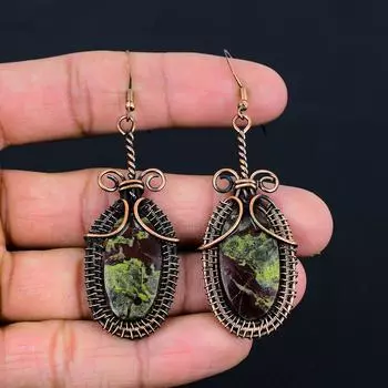 Роскошные серьги из яшмы с кровью дракона, ювелирные изделия ручной работы из чистой медной проволоки, обернутые драгоценными камнями 3.03 Inches зелёный