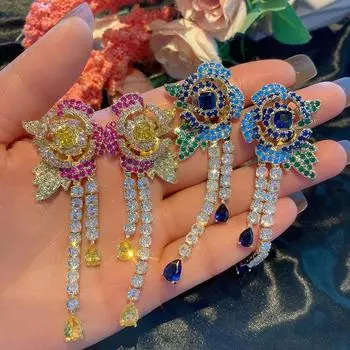 Роскошные серьги из серебра 925 пробы с иглами, новинка 2022 года, цветные серьги с фианитами, голубая роза, серьги с кисточками для женщин, модные элегантные ювелирные изделия, вечерние серьги
