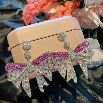 Роскошные серьги из серебра 925 пробы с большими бантиками для женщин, серьги с градиентом цвета с кубическим цирконием, обручальные свадебные украшения розовый