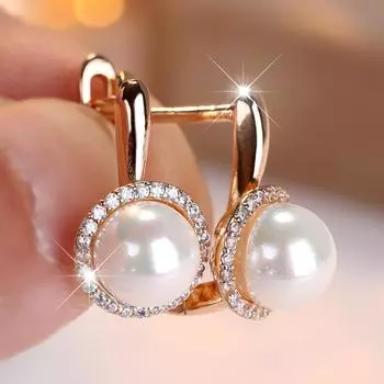 Роскошные серьги-капли круглые цвета золота с искусственным жемчугом для женщин Элегантные нежные циркониевые свадебные украшения для невесты золотой