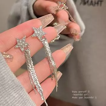 Роскошные серьги-кисточки с бриллиантами в форме звезд для женщин - игла из серебра 925 пробы A1519 серебряный