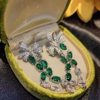 Роскошные серьги класса люкс, бант из зеленого циркония, серьги-капли, персонализированные ретро- и уникальные ювелирные изделия.