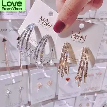 Роскошные серьги-кольца со стразами в форме буквы C, серебряные круглые серьги с кристаллами для женщин, корейские серьги, блестящие свадебные украшения золотой