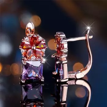 Роскошные серьги-подвески из розового золота с фиолетовым цирконием для женщин, цветочные украшения в подарок розового золота