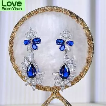 Роскошные серьги-подвески из стерлингового серебра 925 пробы для женщин, сверкающие синие бриллианты, женские серьги, изящные ювелирные изделия, красные серьги, подарок на вечеринку