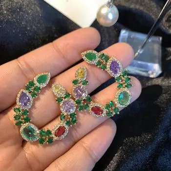 Роскошные серьги S925, серебряные иглы, темперамент, многоцветная оправа из микроциркона, женские свадебные серьги-гвоздики, обручальные украшения