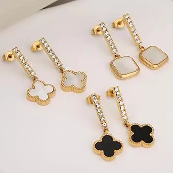 Роскошные серьги с бриллиантами, инкрустированные стразами Серьги с четырьмя листочками клевера Акриловые серьги с квадратными ракушками Женские блестящие серьги