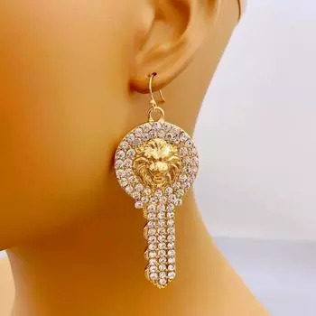 Роскошные серьги в виде головы льва с кристальными стразами для женской бижутерии Персонализированные серьги-ключи