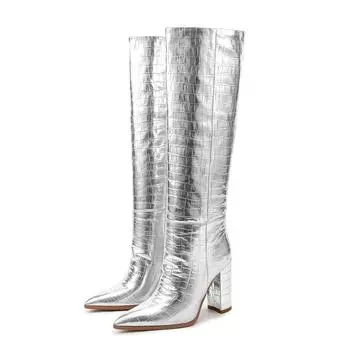 Роскошные серебристые высокие сапоги в стиле вестерн для женщин, зимние сапоги до колена на блочном каблуке, красные длинные туфли для вечеринок и танцев, женские, большого размера 45 36 серебряный