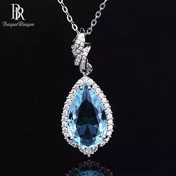 Роскошные серебряные 925 ювелирные изделия, подвески, ожерелье для женщин, подвеска в форме капли воды, цепочка с аквамарином и цирконием, оптовая продажа синий