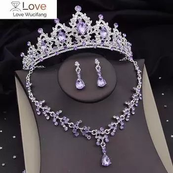 Роскошные серебряные цвета, фиолетовые, хрустальные свадебные комплекты украшений для женщин, золотые диадемы, корона, ожерелье, серьги, свадебные комплекты