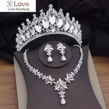 Роскошные серебряные цвета хрустальные свадебные комплекты ювелирных изделий для женщин тиара корона ожерелье комплект невесты свадебные серьги Дубайские комплекты ювелирных изделий