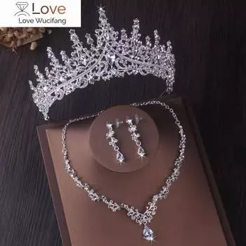 Роскошные серебряные цветные хрустальные комплекты свадебных украшений с каплями воды, диадемы со стразами, ожерелье с короной, серьги, свадебный комплект ювелирных изделий в Дубае