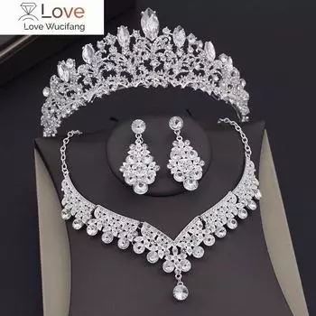 Роскошные серебряные свадебные комплекты ювелирных изделий для женщин, диадемы, серьги, колье, комплекты ожерелий, свадебный комплект ювелирных изделий для невесты