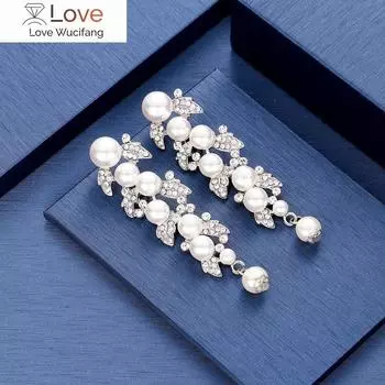 Роскошные серебряные свадебные серьги-подвески с жемчугом и кристаллами для женщин, длинные свадебные серьги с цветочным узором, женские серьги