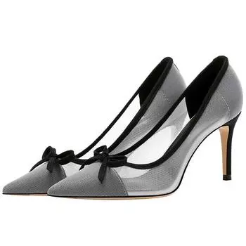 Роскошные сетчатые кружевные туфли на высоком каблуке с ажурным узором, женские летние туфли с острым носком и тонким каблуком, прозрачные туфли-мюли, сексуальные туфли-лодочки с бантом для банкета 35 чёрный