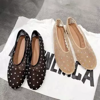 Роскошные сетчатые сандалии с кристаллами и заклепками, женские, легкие, дышащие, на плоской подошве, модные, удобные, элегантные туфли-мюли, балетки 35 абрикосовый