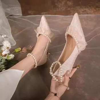 Роскошные шелковые белые свадебные туфли для женщин 2024 года, летние туфли-лодочки с ремешками на щиколотке и жемчугом, женские туфли на каблуке с острым носком 35 белый