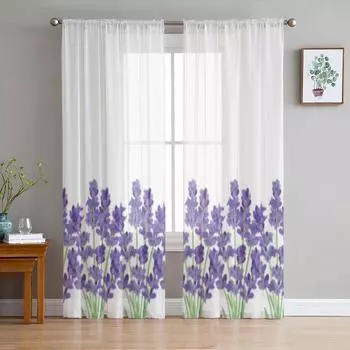 Роскошные шифоновые прозрачные шторы с цветами лаванды для гостиной, спальни, украшения, оконная вуаль, тюлевая занавеска 135W x 114H(cm)