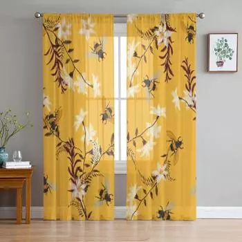 Роскошные шифоновые прозрачные шторы с изображением пчелы и бабочки для гостиной, спальни, украшения, оконная вуаль, тюлевая занавеска 135W x 114H(cm)