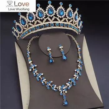 Роскошные синие хрустальные свадебные комплекты ювелирных изделий для женщин, модные диадемы, серьги, ожерелья, свадебный комплект с короной и ожерельем для невесты 45CM