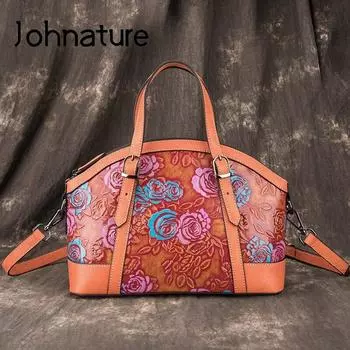 Роскошные сумки Johnature из натуральной кожи в стиле ретро, женские сумки для отдыха, мягкие сумки из воловьей кожи с цветочным принтом на плечо и через плечо чёрный