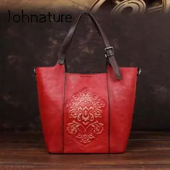 Роскошные сумки Johnature в стиле ретро, женская сумка-мешок, винтажная большая вместительная сумка из воловьей кожи с цветочным принтом и тиснением ручной работы на плечо красный