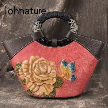 Роскошные сумки Johnature, женские сумки, дизайнерские сумки из натуральной кожи, винтажные сумки ручной работы с тиснением из коровьей кожи и цветочным принтом красный