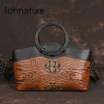 Роскошные сумки Johnature, женские сумки, дизайнерские сумки из натуральной кожи, винтажные сумки на плечо из натуральной яловой кожи с тиснением под крокодила красно-коричневый