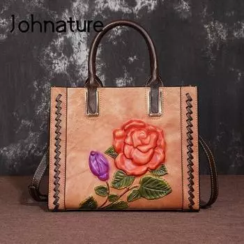 Роскошные сумки Johnature, женские сумки, повседневные сумки большой емкости, сумки ручной работы из натуральной кожи с тиснением на плече и через плечо кофейный