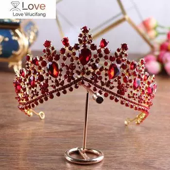 Роскошные свадебные диадемы золотого цвета с красными стразами, корона, винтажная хрустальная диадема в стиле барокко для невесты, повязки на голову, свадебные аксессуары для волос