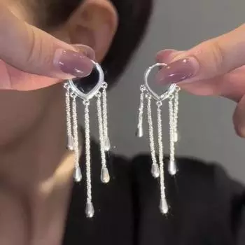 Роскошные сверкающие серьги-кисточки в форме капли воды в форме сердца — универсальный и элегантный дизайн для женщин Water Drop Tassel Heart Earrings