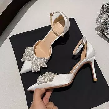 Роскошные туфли-лодочки с жемчугом и бантом, шелковые туфли на высоком каблуке-шпильке с ремешком на щиколотке, женские пикантные туфли с острым носком для невесты, свадебные модельные туфли 41 белый