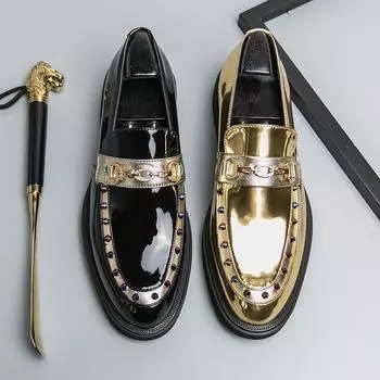 Роскошные туфли-лоферы из лакированной кожи со стразами для банкета, модные туфли для джентльменов, туфли для торжественных случаев, туфли-лодочки для мужчин 38 чёрный
