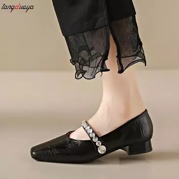 Роскошные туфли Мэри Джейн со стразами, женские серебристые туфли на низком каблуке для вечернего платья, женские элегантные французские туфли с квадратным носком 3.5 чёрный