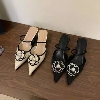 Роскошные туфли на каблуках с острым носком, дизайнерские цветочные босоножки, женские, элегантные, модные, неглубокие, мюли, тапочки, женские, летние сандалии 35 бежевый