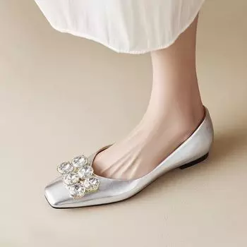 Роскошные туфли на плоской подошве с неглубокой подошвой для женщин 2024 года, новые весенне-осенние универсальные женские туфли с инкрустацией бриллиантами Traf 35 серебряный