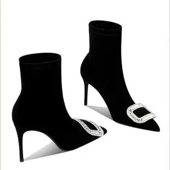 Роскошные туфли на высоком каблуке с кристаллами, остроносые ботильоны челси, женские зимние замшевые туфли 2024 года, дизайнерские вечерние туфли Botas Mujer 34 чёрный