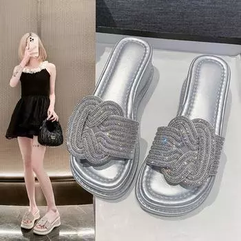 Роскошные удобные тапочки на толстой подошве для женщин 2024 года, новые летние модные сандалии с бриллиантовым каблуком 35 бежевый