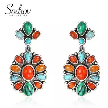 Роскошные ювелирные изделия SODROV, винтажные женские серьги с ониксом и бирюзой, смешанными камнями
