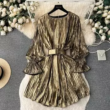 Роскошные вечерние платья для женщин 2024 года, элегантное металлическое платье с завязкой на поясе, осеннее мини-платье с длинными рукавами и складками для женщин One Size синий