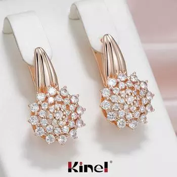 Роскошные висячие серьги Kinel с цирконием в форме цветка для женщин, розовое золото, свадебные ювелирные украшения розового золота