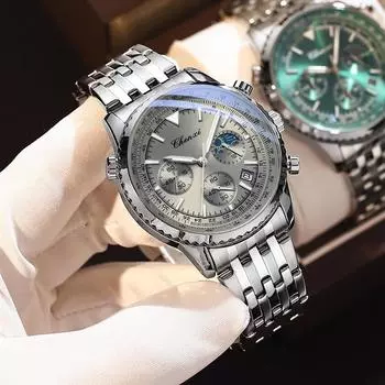 Роскошные военные мужские часы водонепроницаемые светящиеся дата хронограф мужские часы деловые из нержавеющей стали мужские кварцевые часы серебряный/чёрный