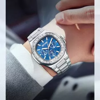 Роскошные военные мужские часы водонепроницаемые светящиеся дата хронограф мужские часы деловые из нержавеющей стали мужские кварцевые часы синий