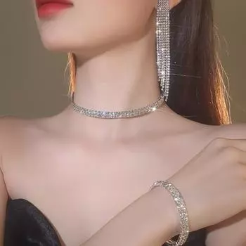 Роскошные высококачественные 2 ряда сверкающих бриллиантов, ожерелье, серьги, браслет, 3 предмета, набор модных свадебных украшений, аксессуары для платья
