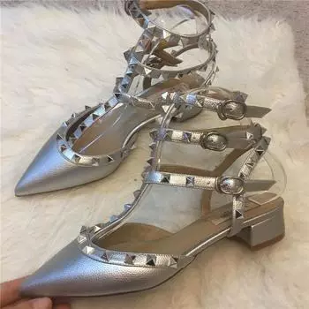 Роскошные высококачественные босоножки с заклепками на каблуках 2024 года из натуральной кожи, новые универсальные женские туфли на босых ногах со шнуровкой и квадратным каблуком 34