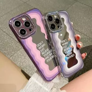 Роскошные задние крышки в рамке объектива с бриллиантами для IPhone 15 14 13 12 Pro Max Plus, блестящий драгоценный камень, украшенный волнистыми линиями, зеркальный чехол для телефона For iPhone 12